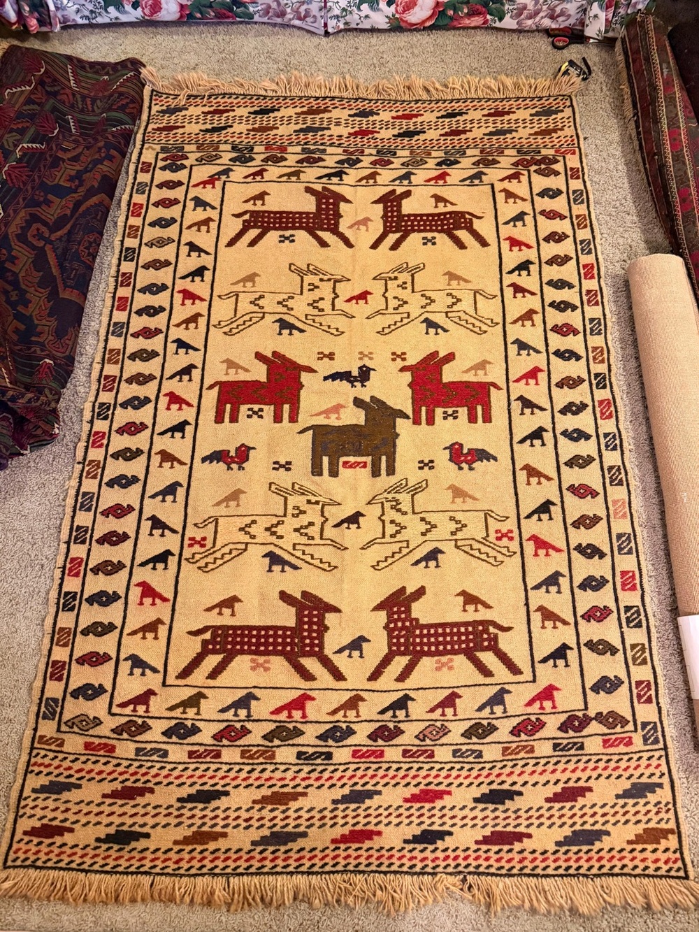 Handwoven Animal Motif Wool Rug in Mustard and Red